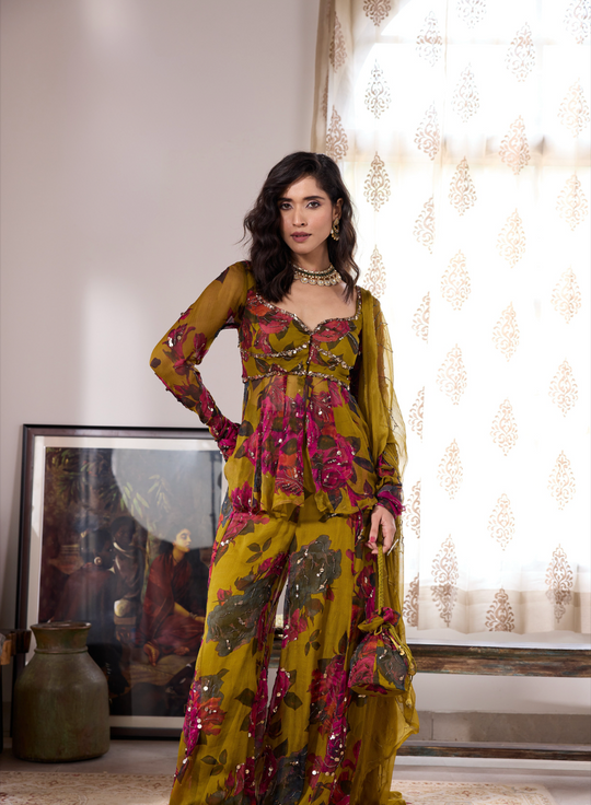 MUSTARD CHIFFON FLORAL  PEPLUM & SHARARA