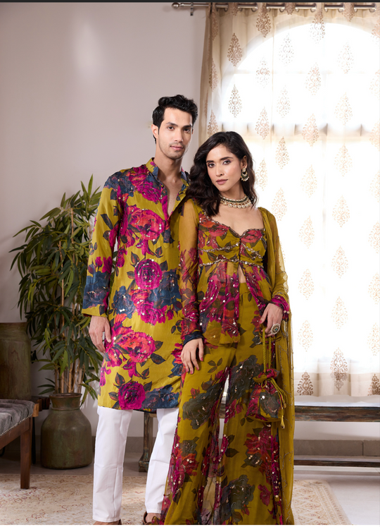 MUSTARD CHIFFON FLORAL  PEPLUM & SHARARA