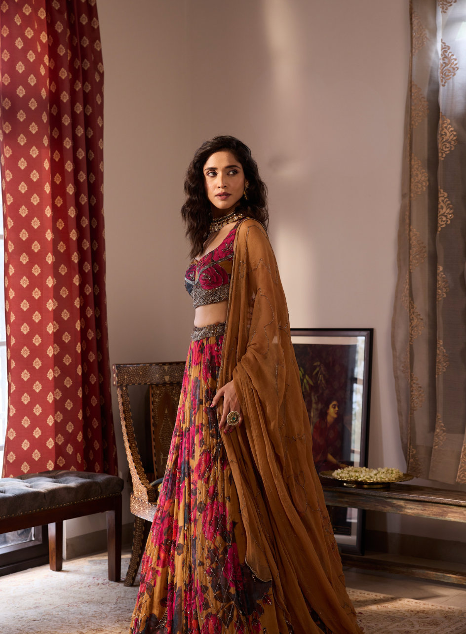 DARK MUSTARD CHIFFON FLORAL LEHENGA