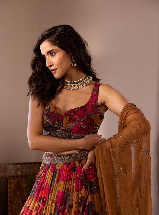 DARK MUSTARD CHIFFON FLORAL LEHENGA