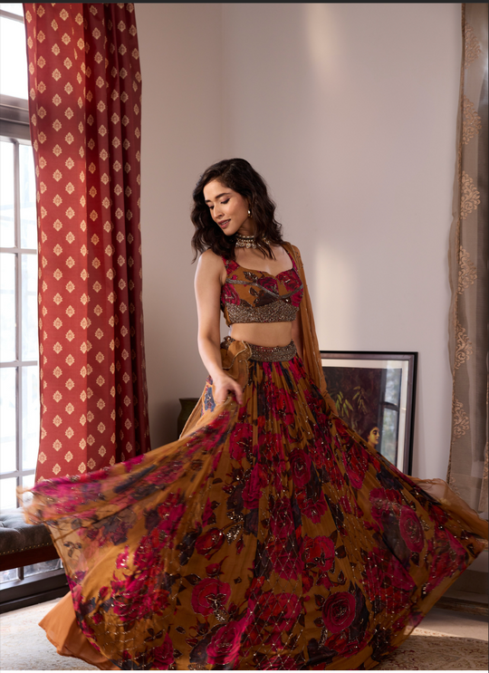 DARK MUSTARD CHIFFON FLORAL LEHENGA