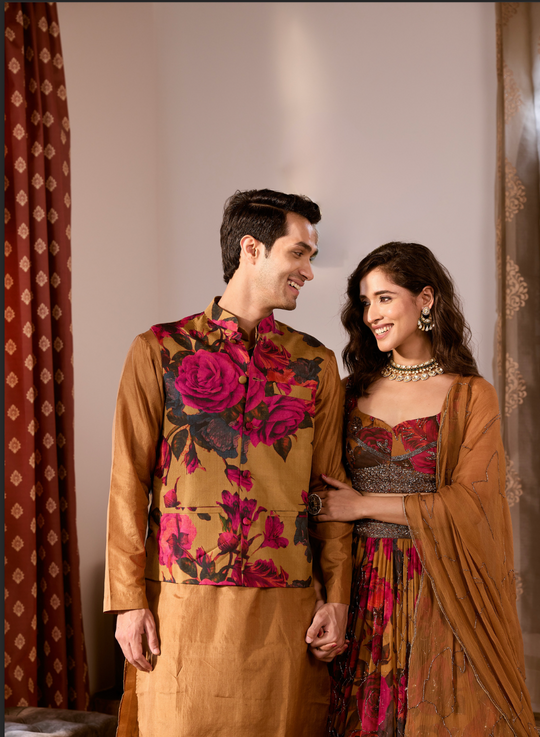 DARK MUSTARD CHIFFON FLORAL LEHENGA