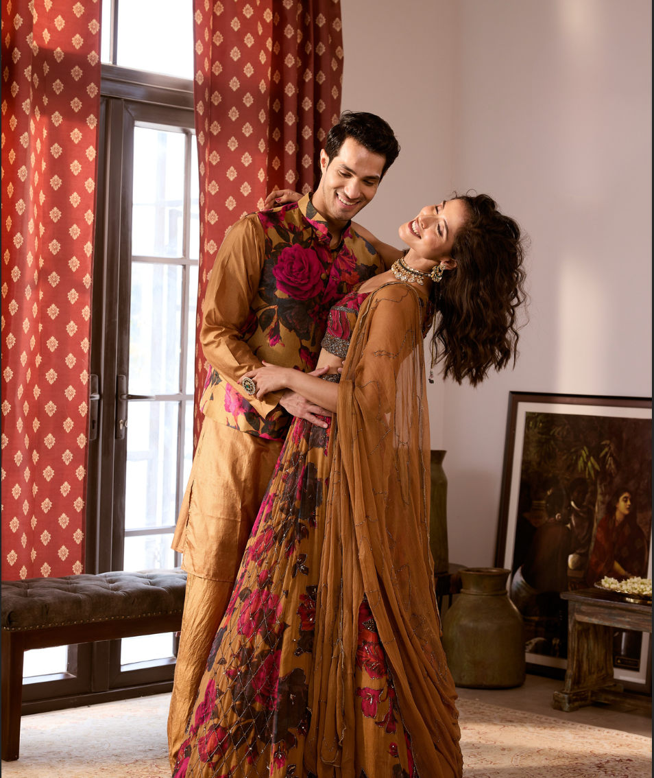 DARK MUSTARD CHIFFON FLORAL LEHENGA