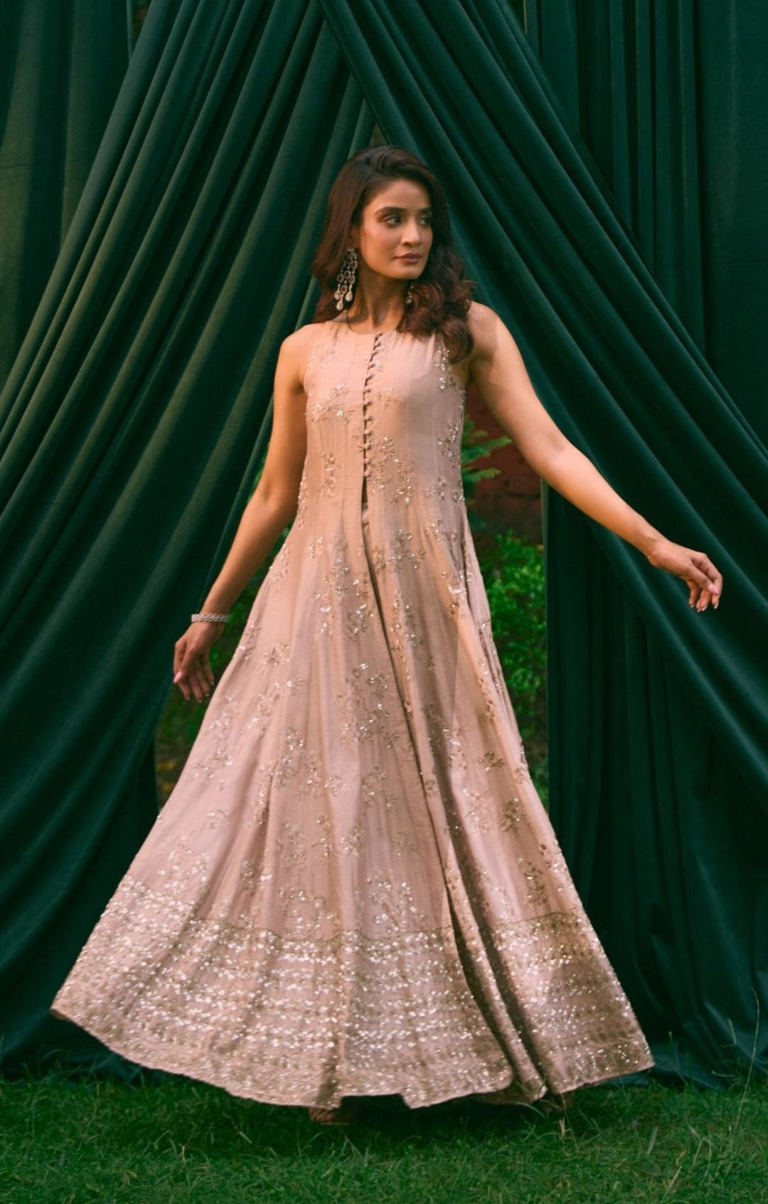 Grey Long Front Open A Line Jacket Set - Main Image