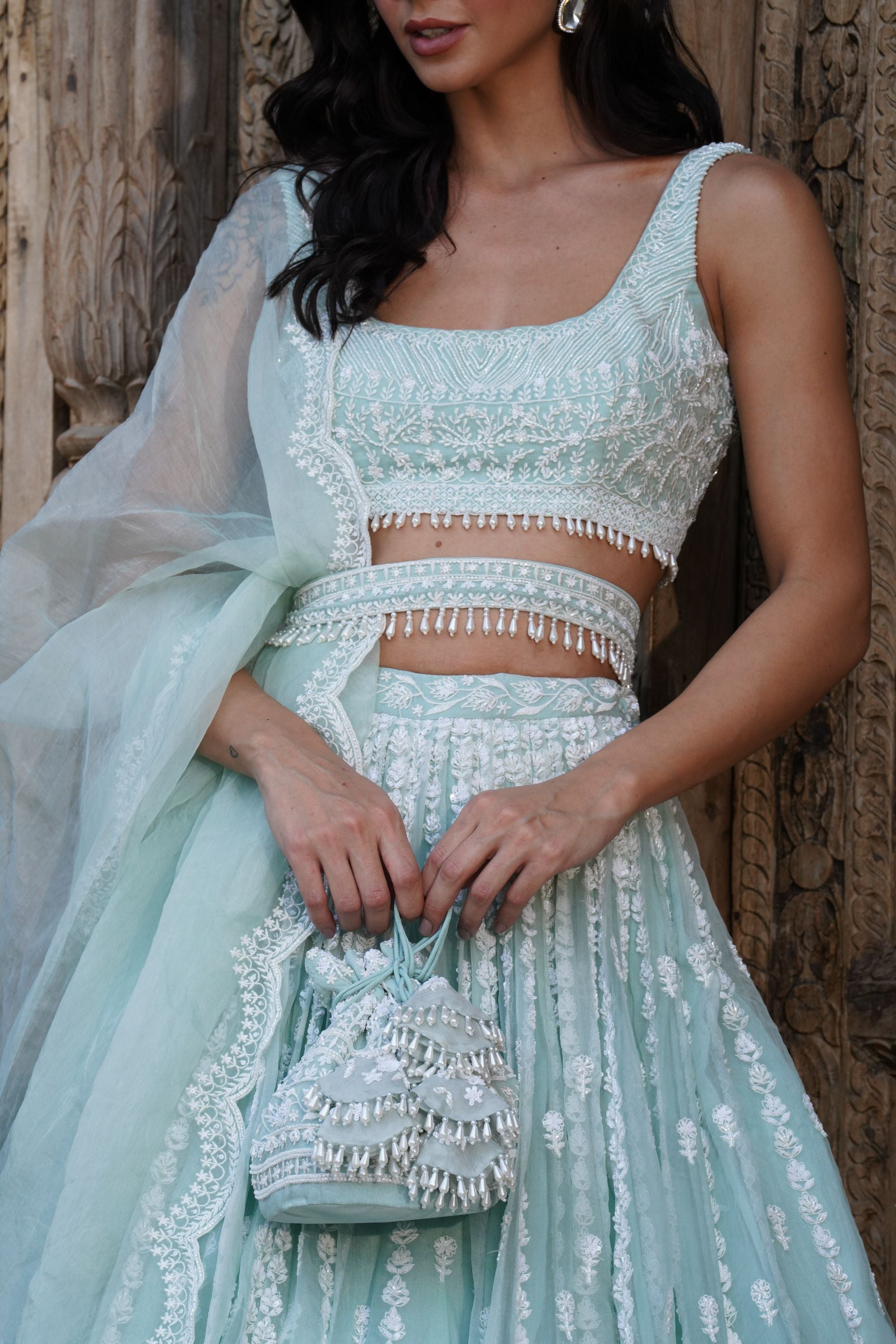 Shop Grey Lehenga Set with White Moti Work Online Astha Narang