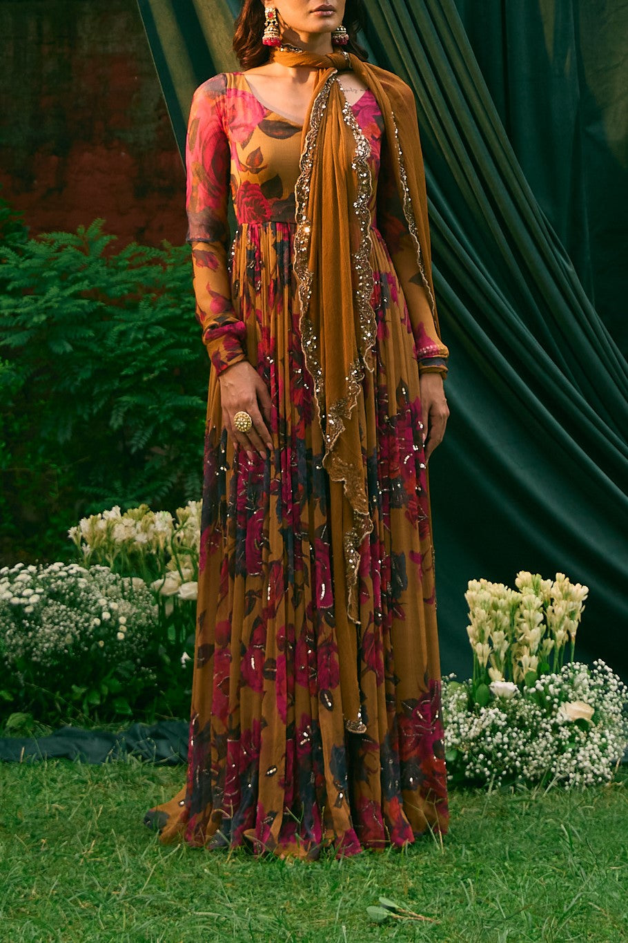 Mustard Chiffon Floral Anarkali Set Astha Narang