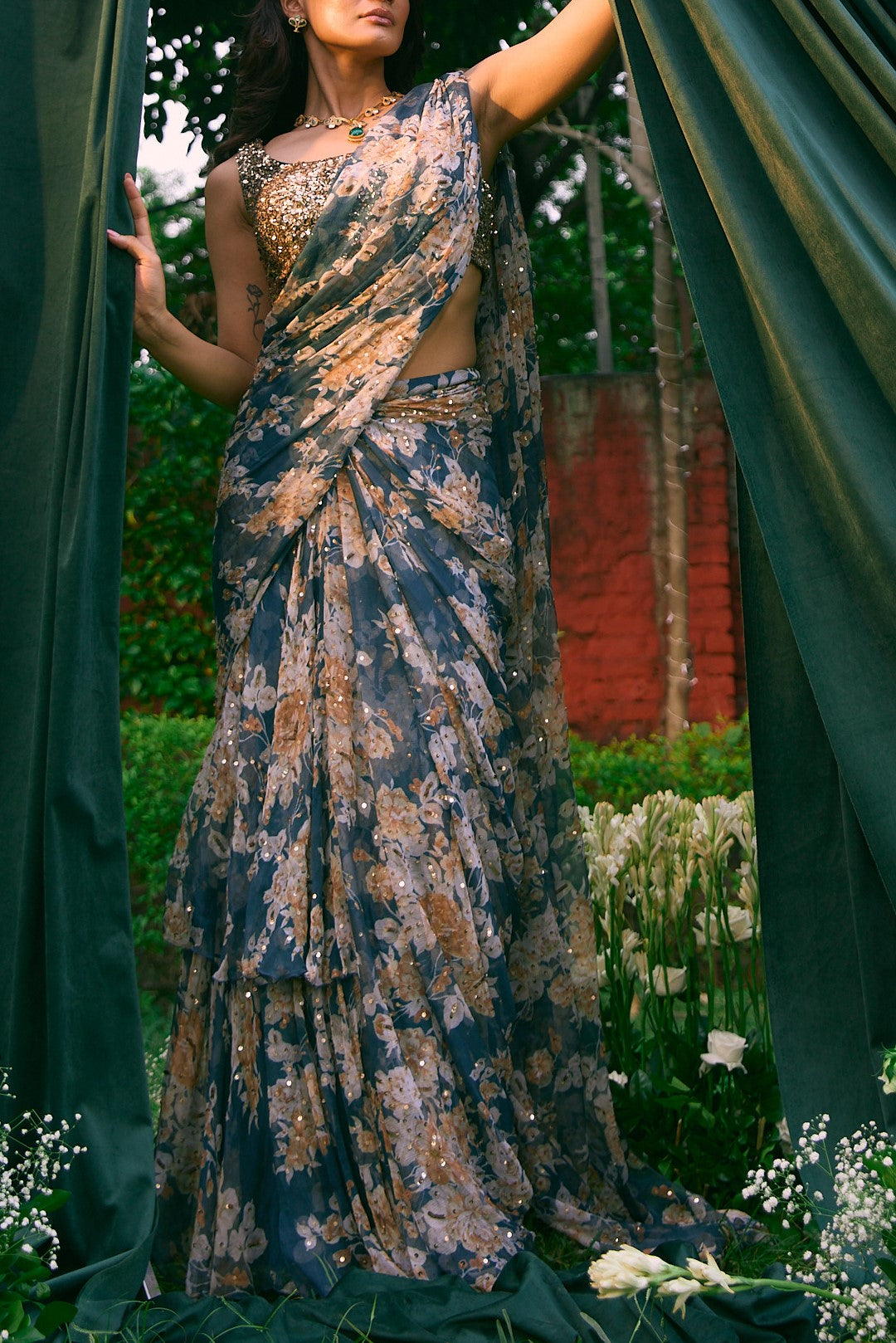 Teal Blue Chiffon Floral Frill Saree - Main Image